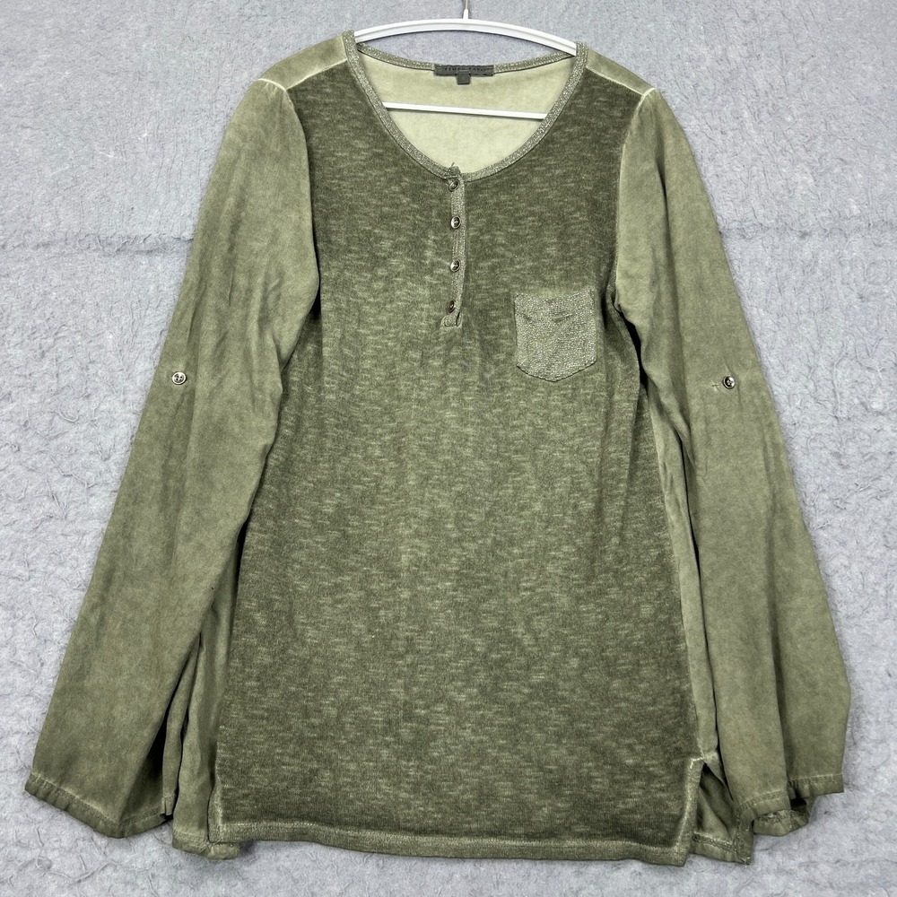 Tempo Paris Tunic Women's Small Green Burnout Henley Top Roll Tab Sleeve Shirt